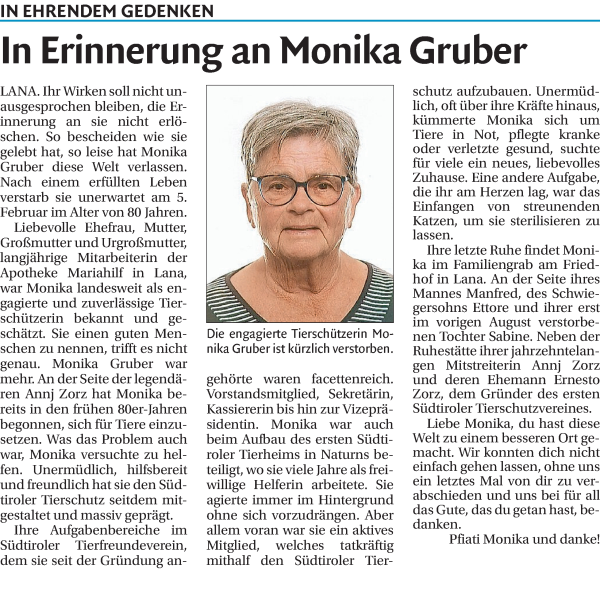 Traueranzeige von Monika Gruber von Dolomiten