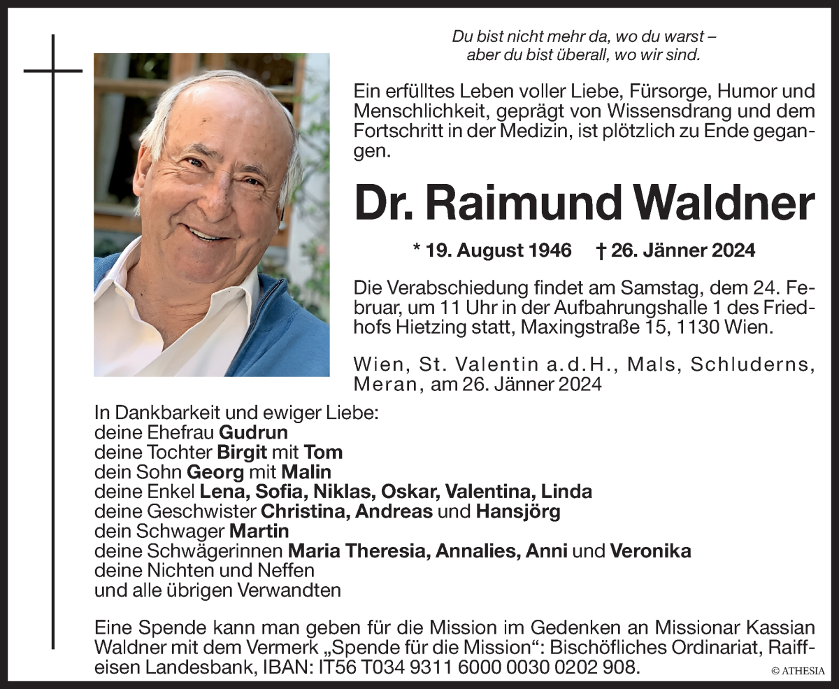  Traueranzeige für Raimund Waldner vom 02.02.2024 aus Dolomiten