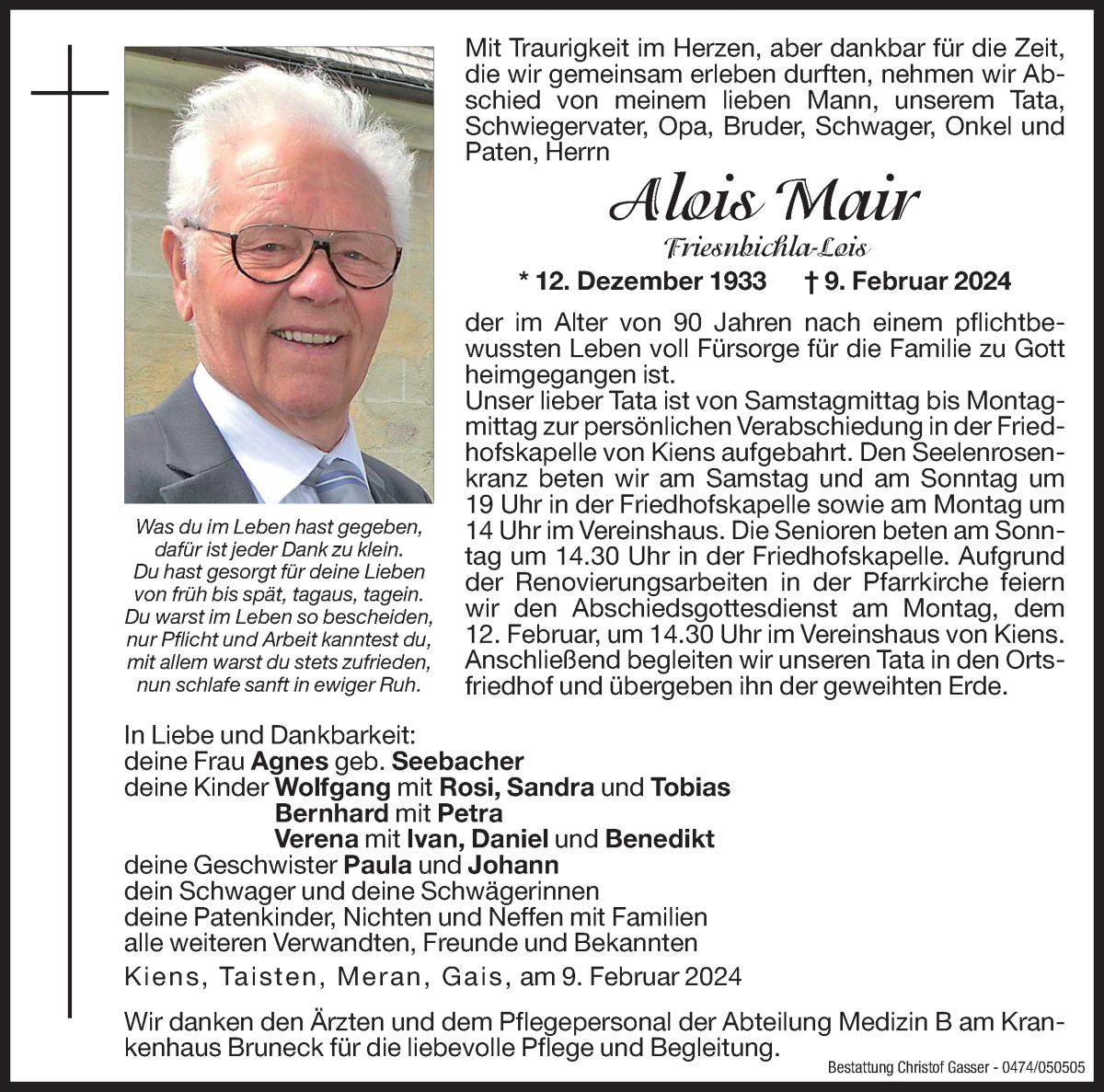  Traueranzeige für Alois Mair vom 10.02.2024 aus Dolomiten