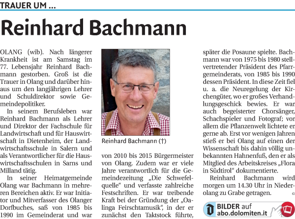 Traueranzeige von Reinhard Bachmann von Dolomiten
