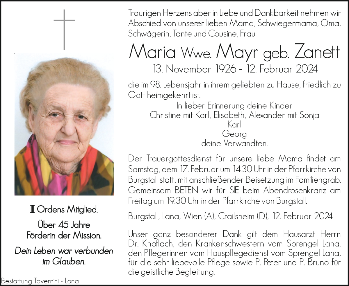  Traueranzeige für Maria Mayr vom 15.02.2024 aus Dolomiten