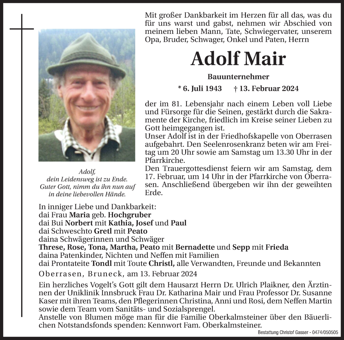  Traueranzeige für Adolf Mair vom 16.02.2024 aus Dolomiten