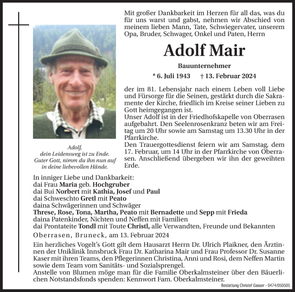 Traueranzeige von Adolf Mair von Dolomiten