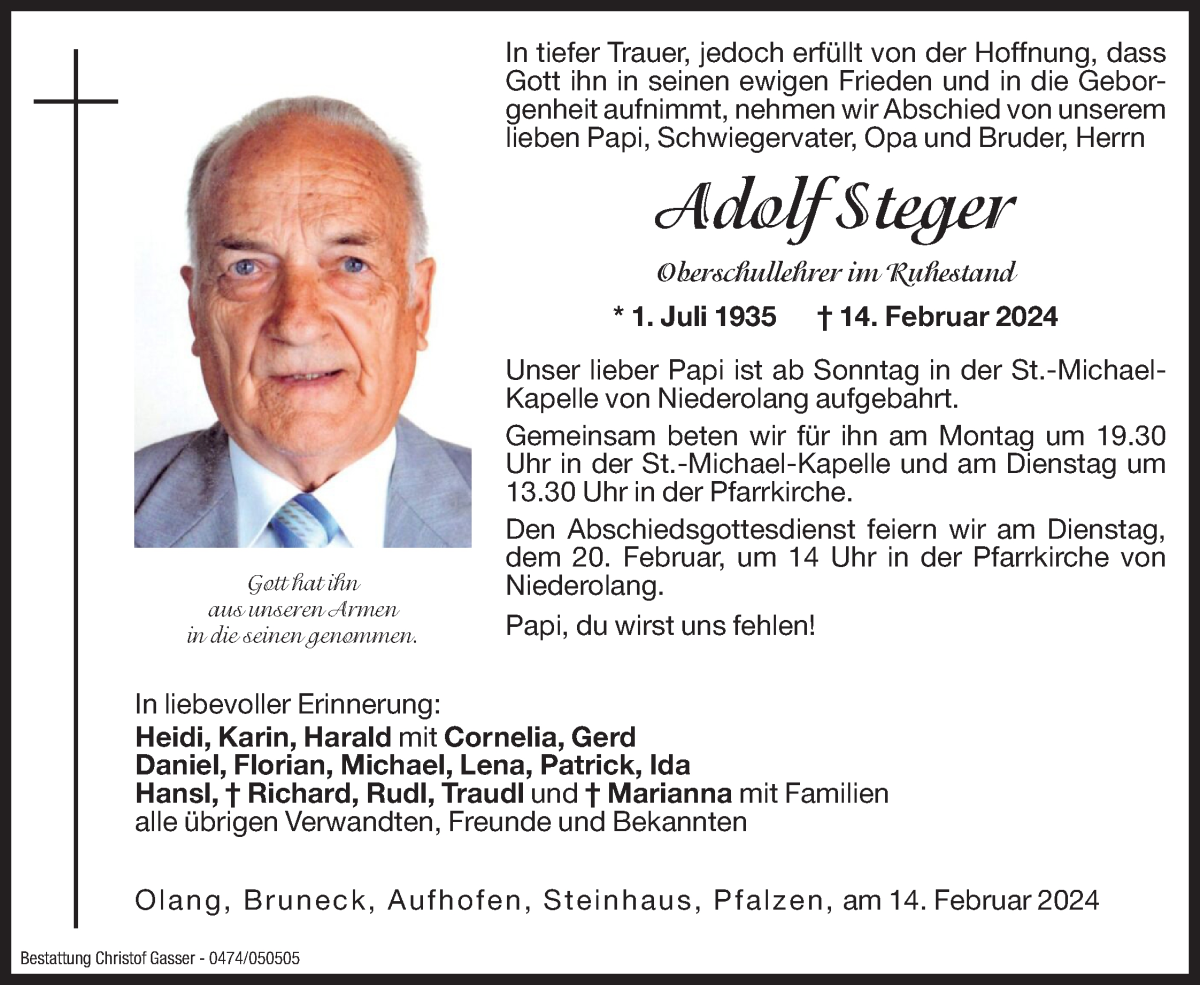  Traueranzeige für Adolf Steger vom 16.02.2024 aus Dolomiten