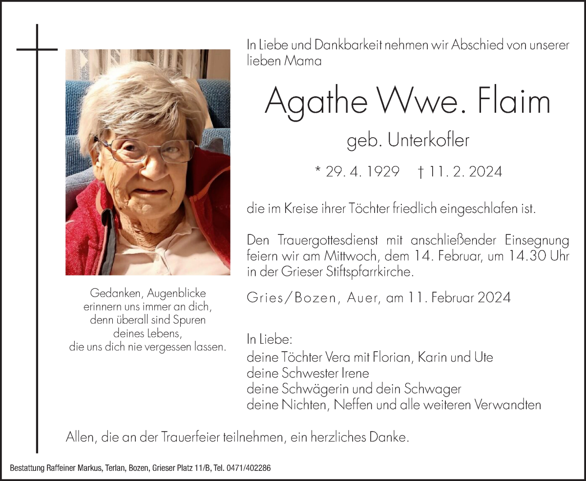  Traueranzeige für Agathe Flaim vom 12.02.2024 aus Dolomiten