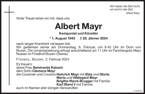 Traueranzeige von Albert Mayr von Dolomiten