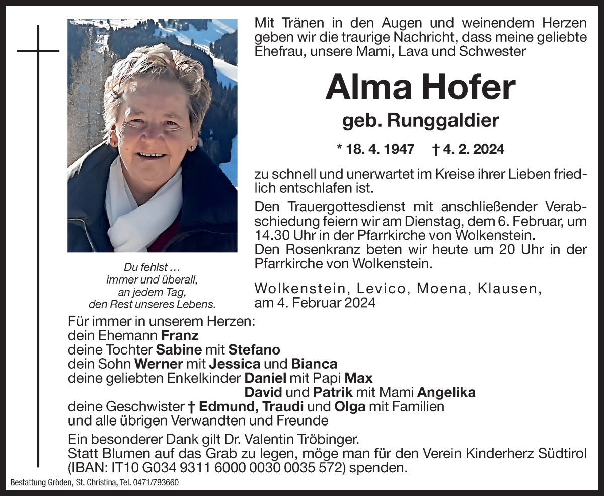  Traueranzeige für Alma  Hofer vom 05.02.2024 aus Dolomiten