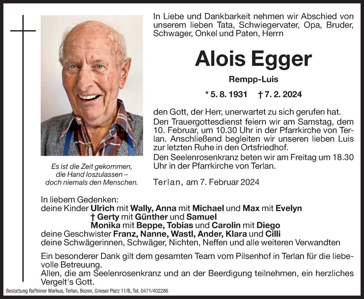  Traueranzeige für Alois Egger vom 08.02.2024 aus Dolomiten