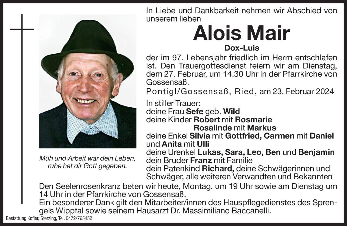  Traueranzeige für Alois Mair vom 26.02.2024 aus Dolomiten