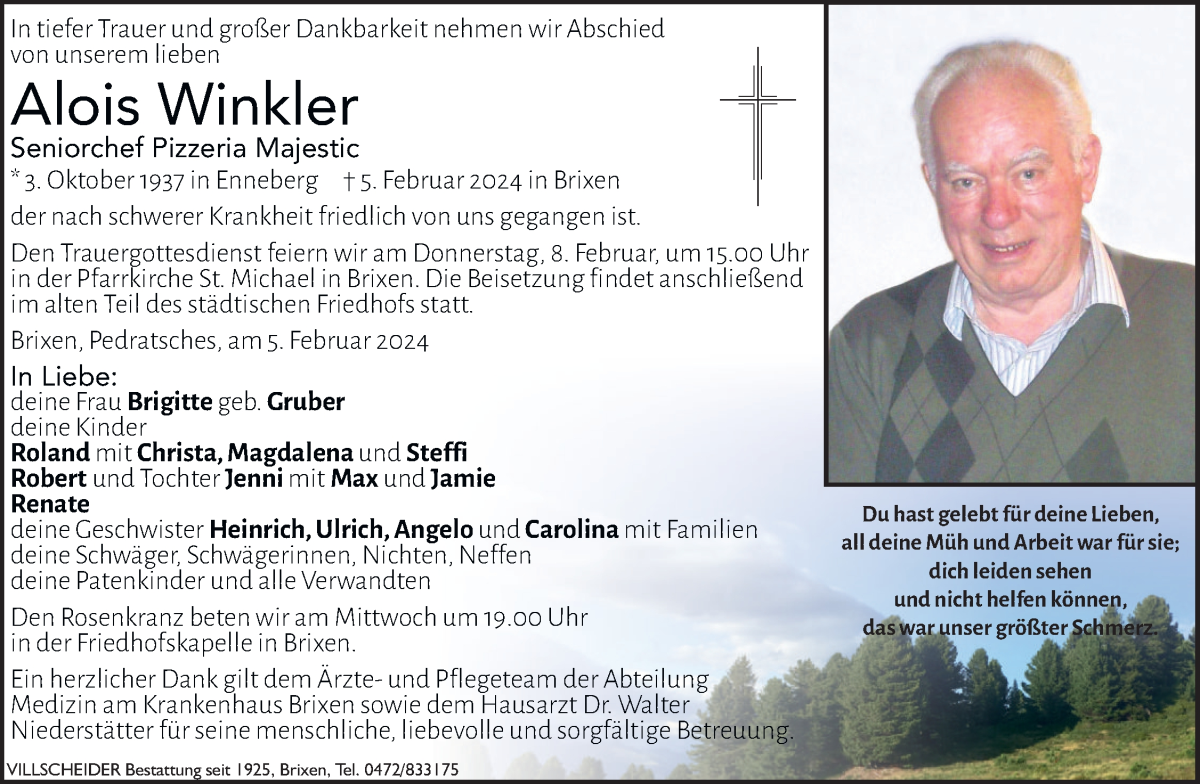  Traueranzeige für Alois Winkler vom 06.02.2024 aus Dolomiten