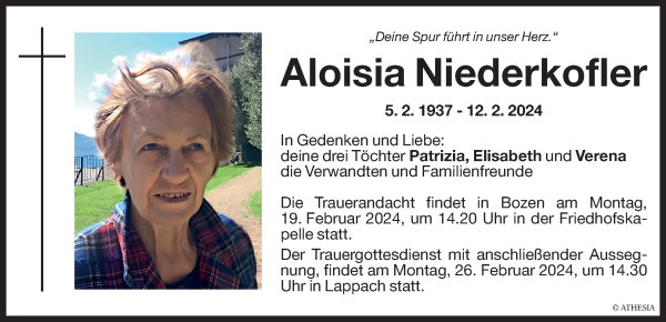 Traueranzeige von Aloisia Niederkofler von Dolomiten