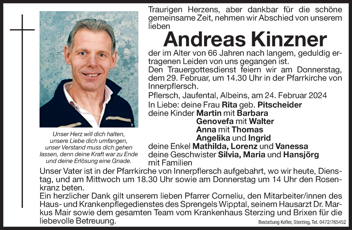 Traueranzeige für Andreas Kinzner vom 27.02.2024 aus Dolomiten