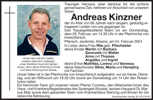 Traueranzeige von Andreas Kinzner von Dolomiten