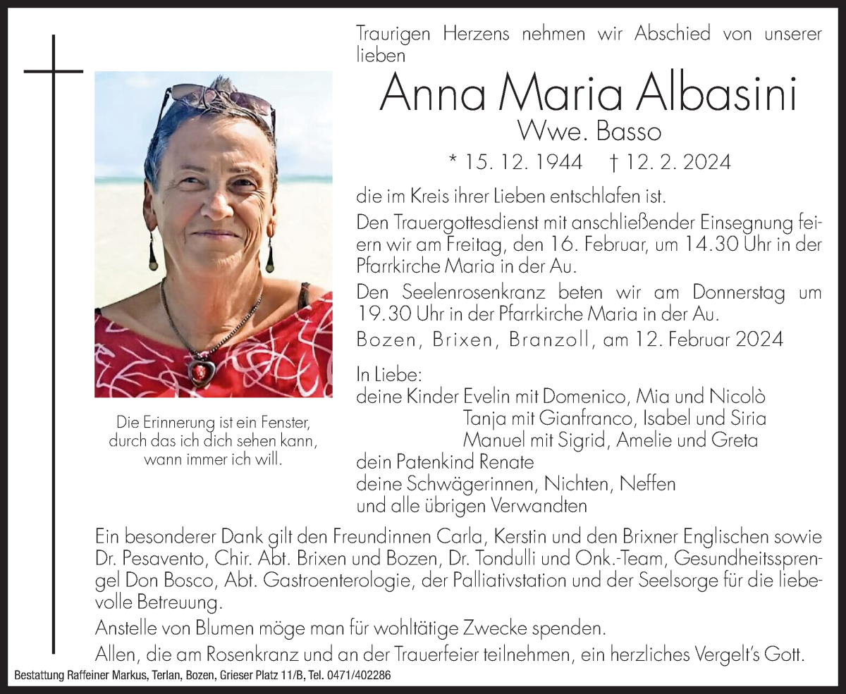  Traueranzeige für Anna Maria Basso vom 14.02.2024 aus Dolomiten