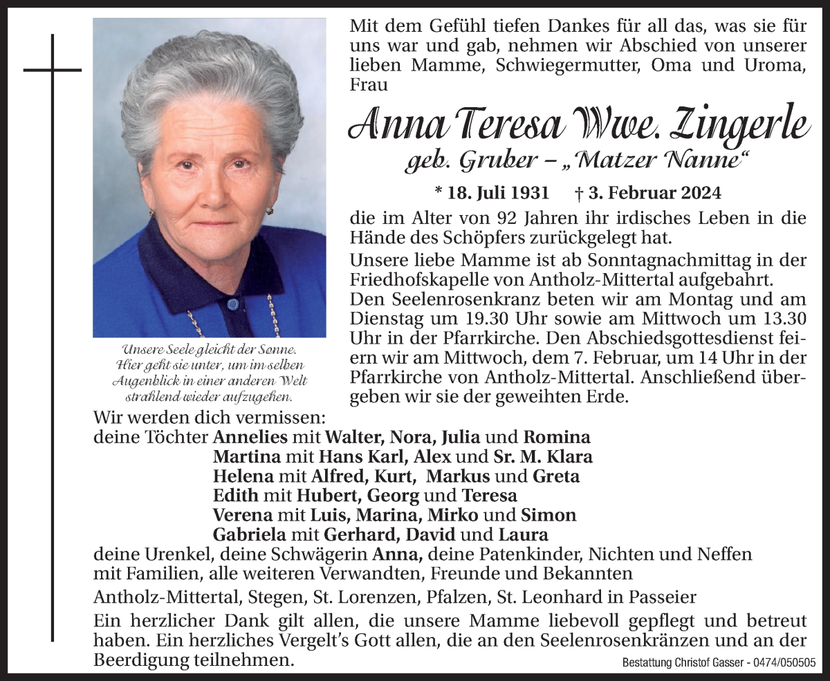  Traueranzeige für Anna Teresa Zingerle vom 05.02.2024 aus Dolomiten