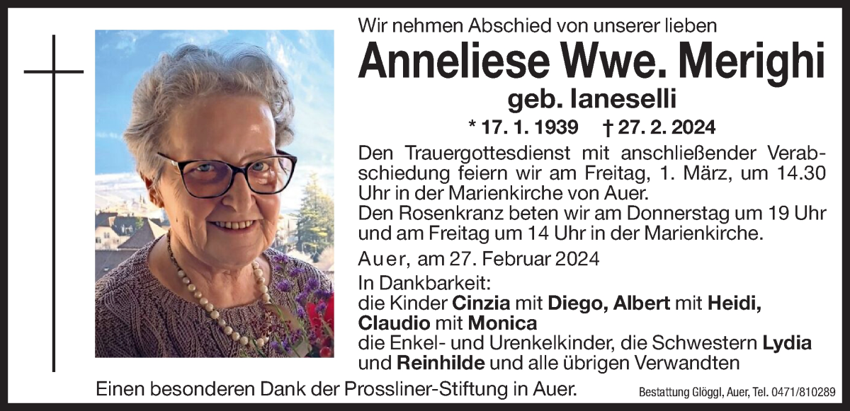 Traueranzeige für Anneliese Merighi vom 29.02.2024 aus Dolomiten