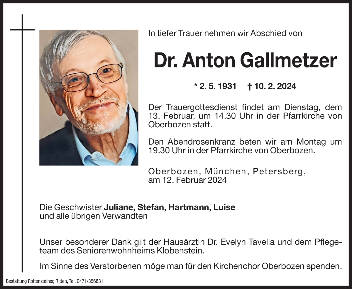  Traueranzeige für Anton Gallmetzer vom 12.02.2024 aus Dolomiten
