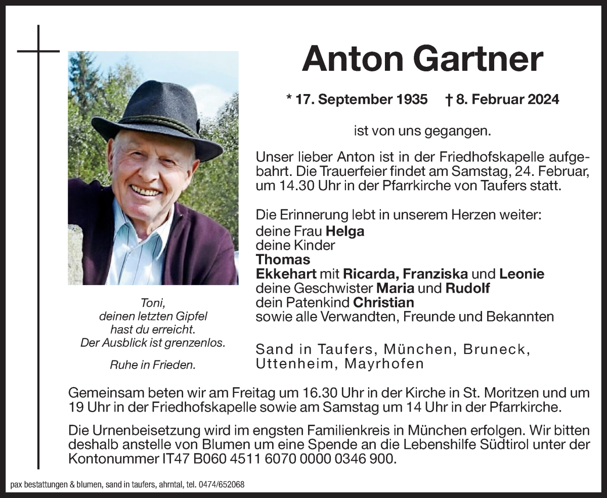  Traueranzeige für Anton Gartner vom 23.02.2024 aus Dolomiten