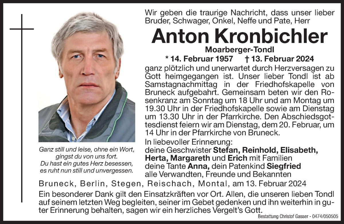  Traueranzeige für Anton Kronbichler vom 17.02.2024 aus Dolomiten
