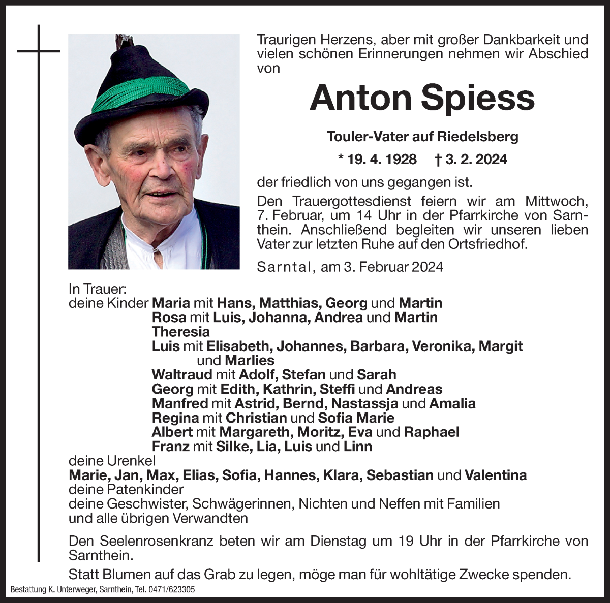  Traueranzeige für Anton Spiess vom 06.02.2024 aus Dolomiten