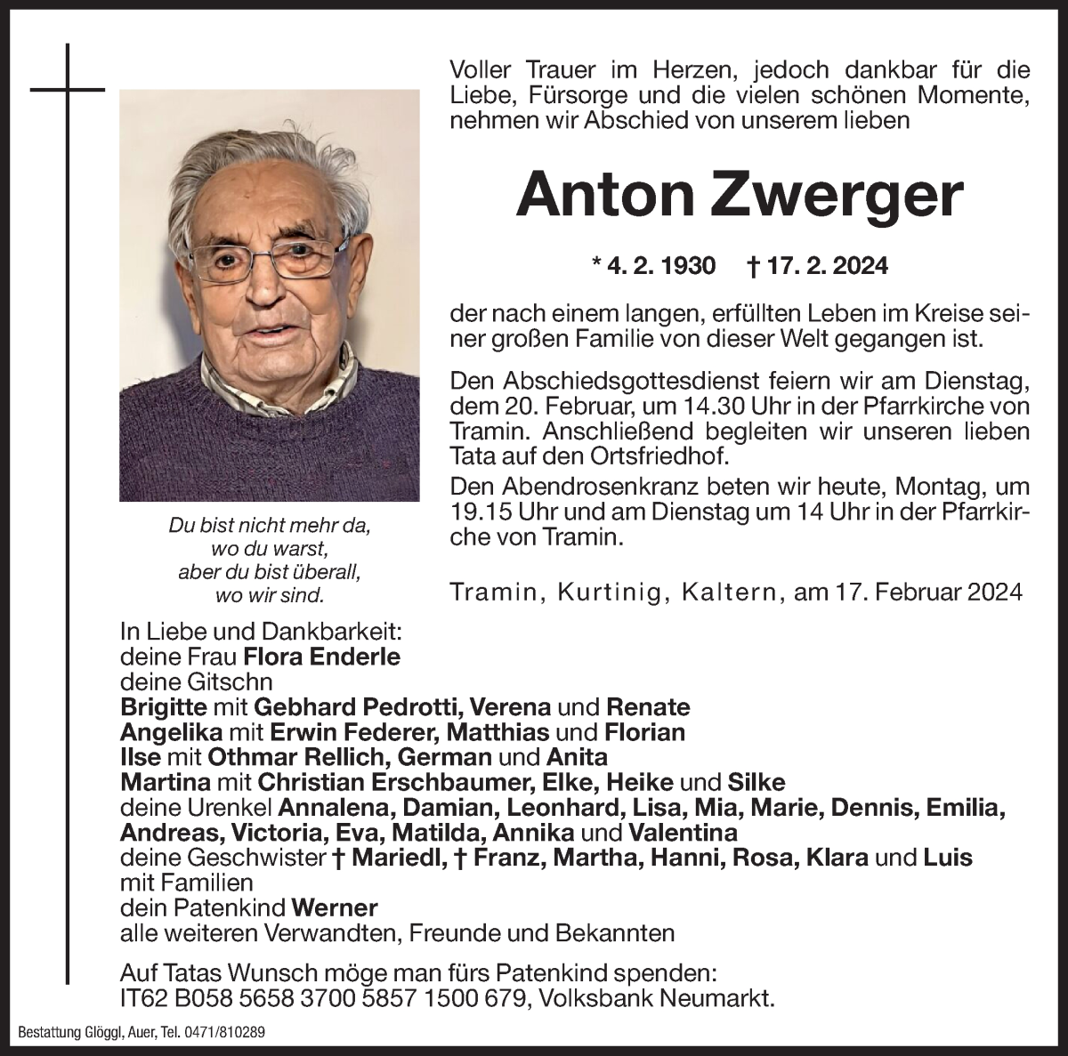  Traueranzeige für Anton Zwerger vom 19.02.2024 aus Dolomiten
