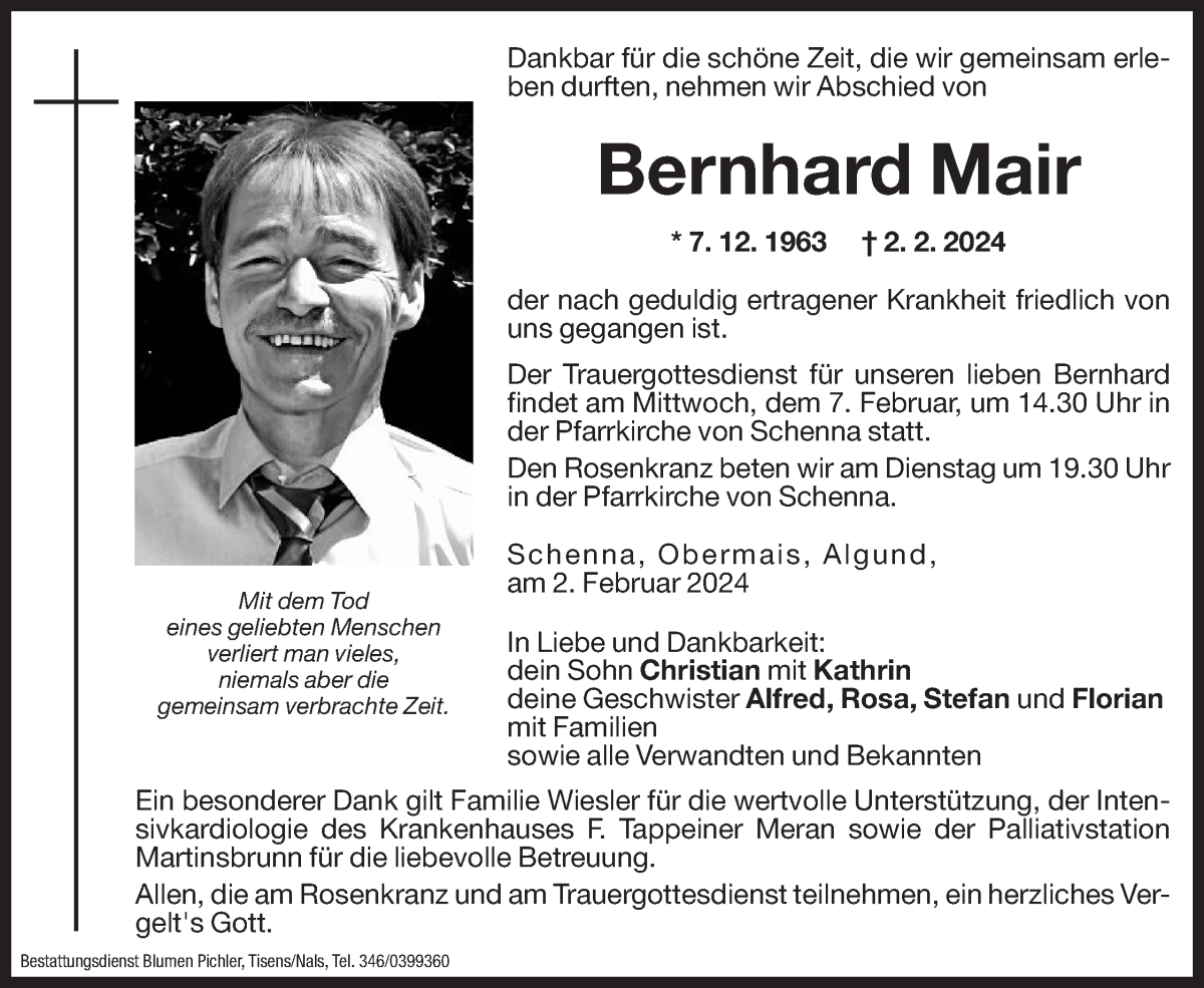  Traueranzeige für Bernhard Mair vom 05.02.2024 aus Dolomiten