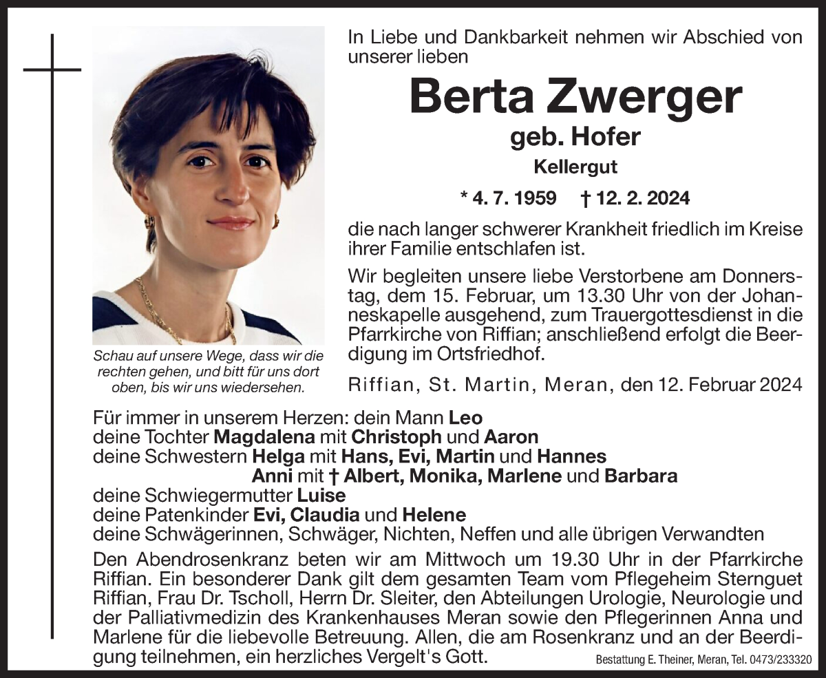  Traueranzeige für Berta Zwerger vom 14.02.2024 aus Dolomiten