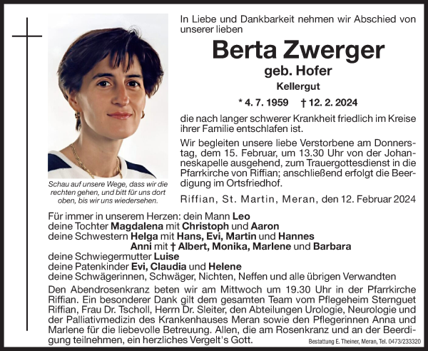 Traueranzeige von Berta Zwerger von Dolomiten