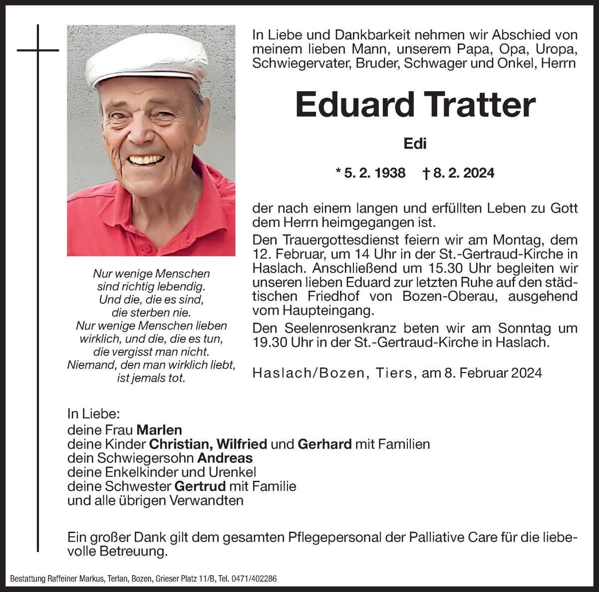  Traueranzeige für Eduard Tratter vom 10.02.2024 aus Dolomiten