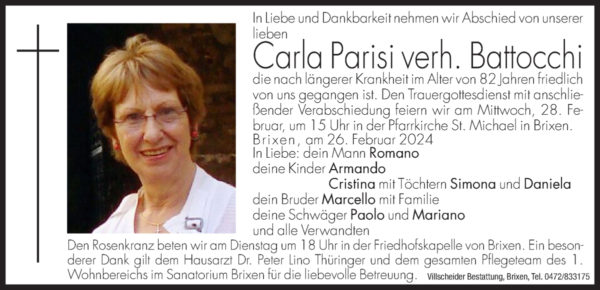  Traueranzeige für Carla Parisi vom 27.02.2024 aus Dolomiten