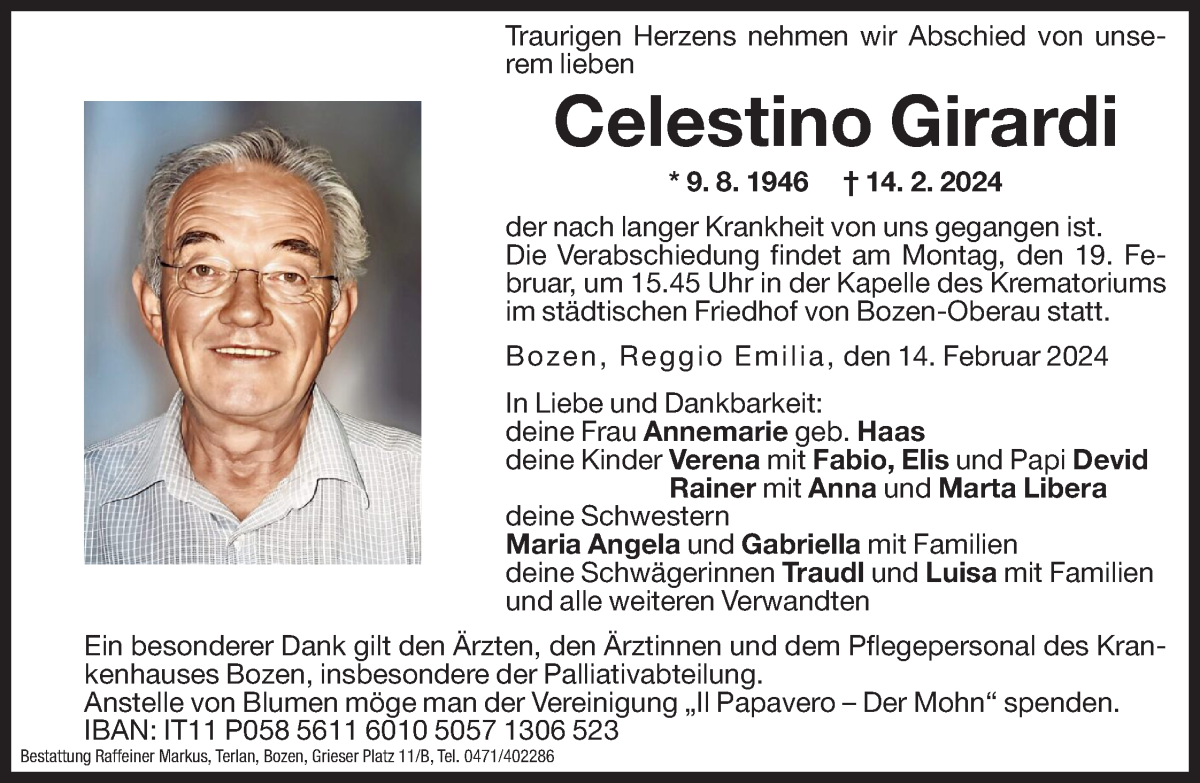  Traueranzeige für Celestino Girardi vom 16.02.2024 aus Dolomiten