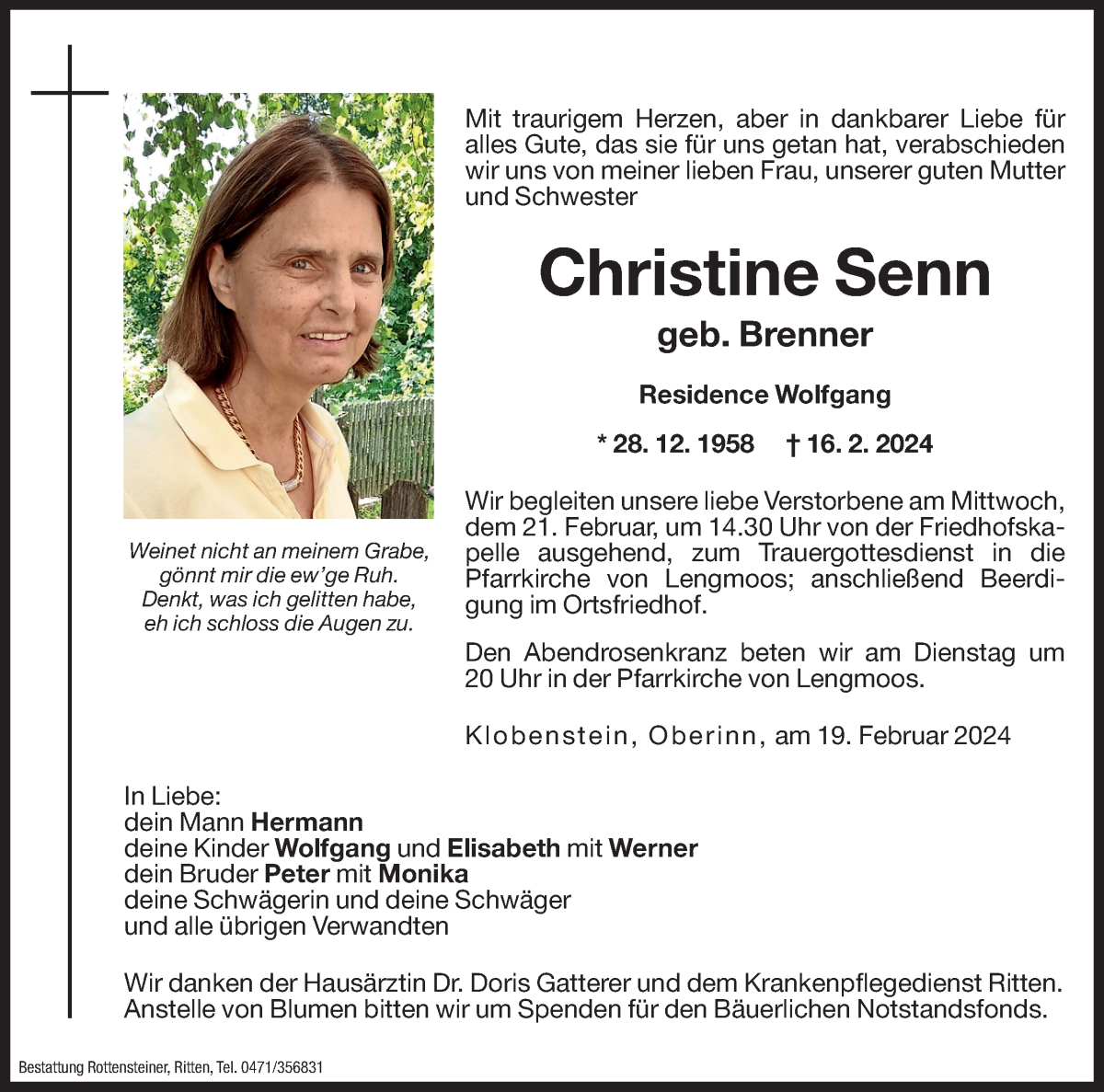 Traueranzeige für Christine Senn vom 19.02.2024 aus Dolomiten