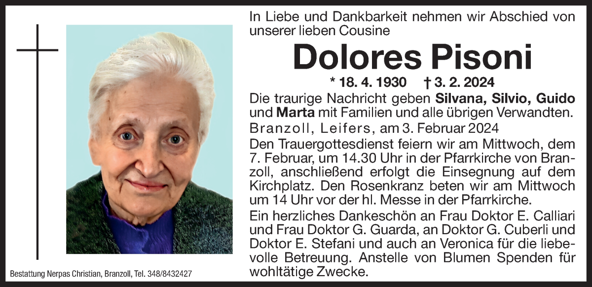  Traueranzeige für Dolores Pisoni vom 06.02.2024 aus Dolomiten