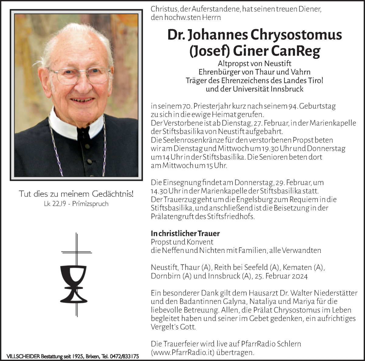  Traueranzeige für Dr. Johannes Chrysostomus (Josef) Giner CanReg vom 27.02.2024 aus Dolomiten