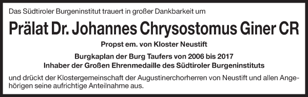 Traueranzeige von Dr. Johannes Chrysostomus (Josef) Giner CanReg von Dolomiten