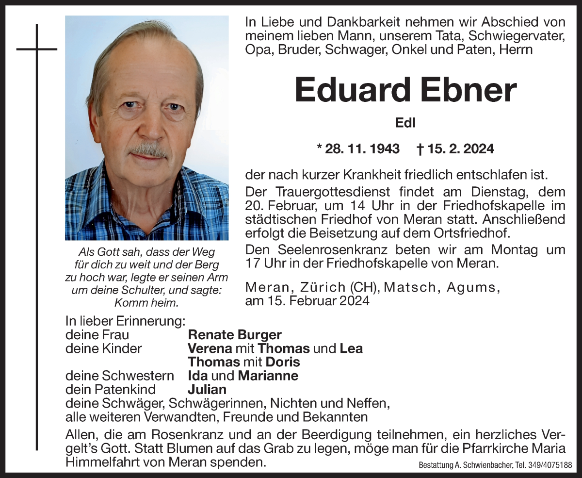  Traueranzeige für Eduard Ebner vom 17.02.2024 aus Dolomiten