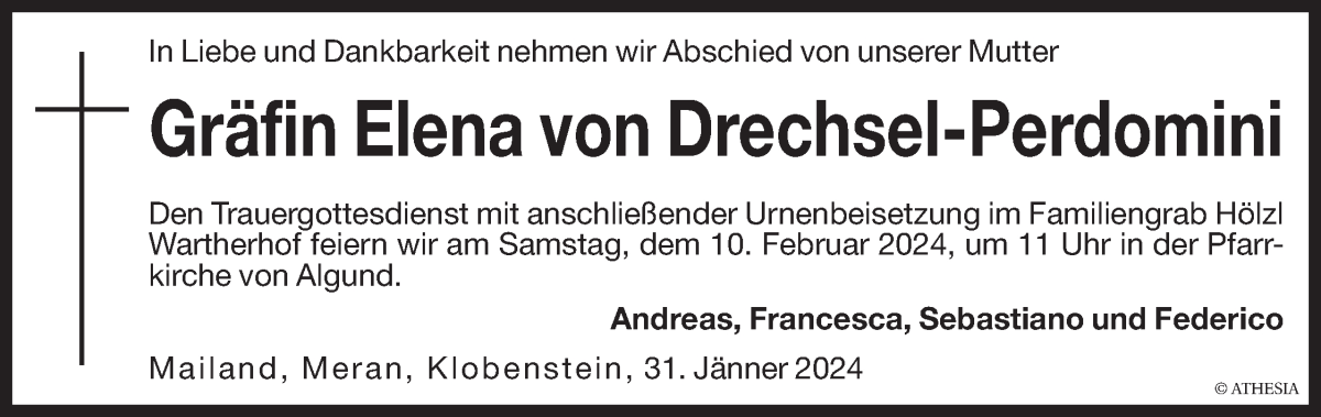  Traueranzeige für Elena von Drechsel-Perdomini vom 05.02.2024 aus Dolomiten