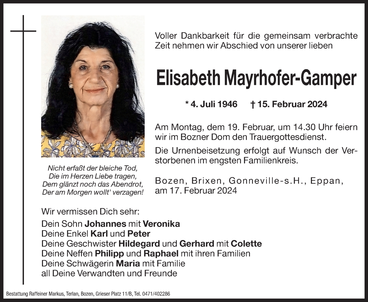  Traueranzeige für Elisabeth Gamper vom 17.02.2024 aus Dolomiten