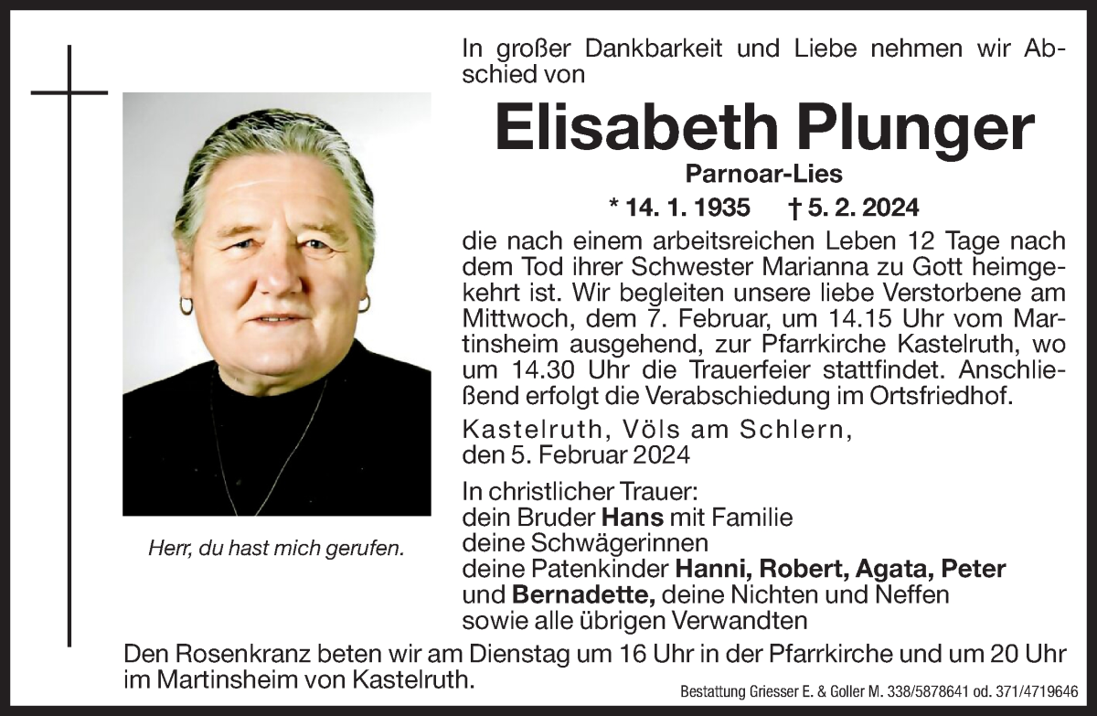  Traueranzeige für Elisabeth Plunger vom 06.02.2024 aus Dolomiten