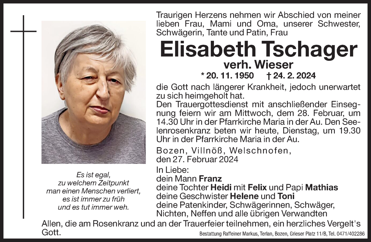  Traueranzeige für Elisabeth Wieser vom 27.02.2024 aus Dolomiten