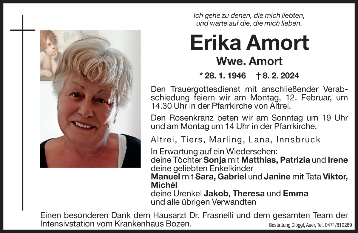  Traueranzeige für Erika Amort vom 09.02.2024 aus Dolomiten