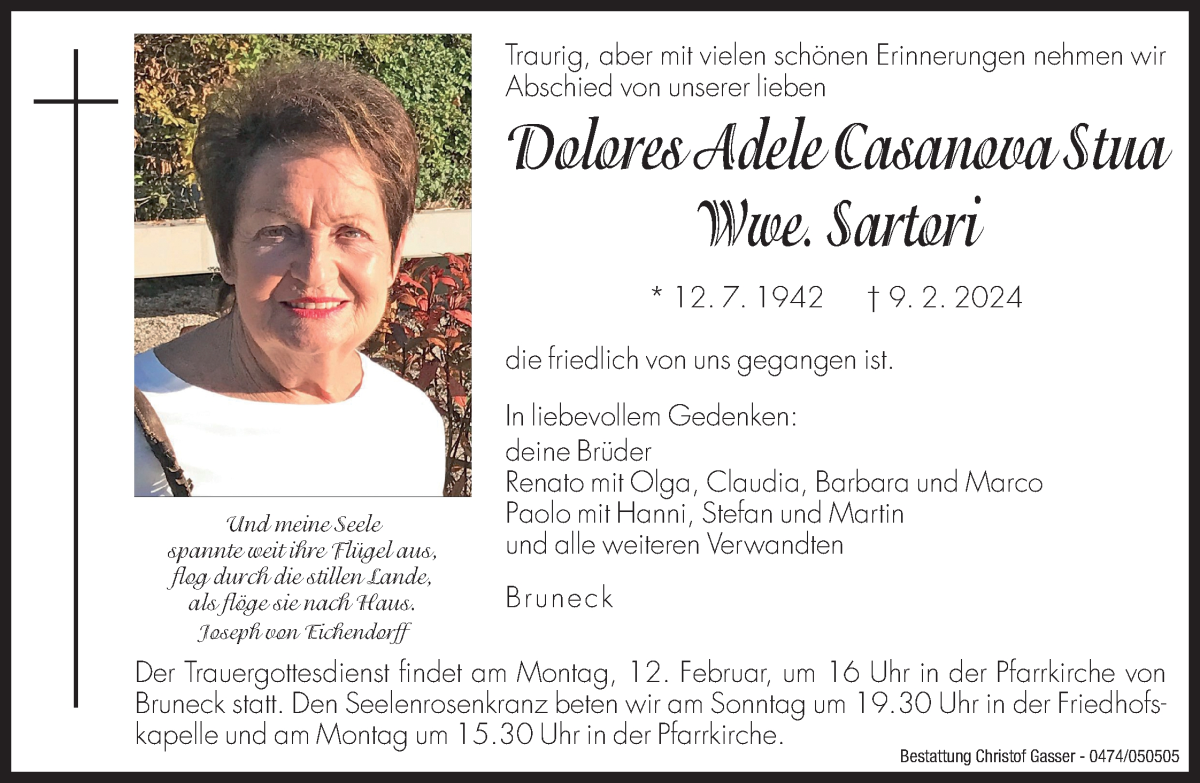  Traueranzeige für Dolores Adele Sartori vom 10.02.2024 aus Dolomiten