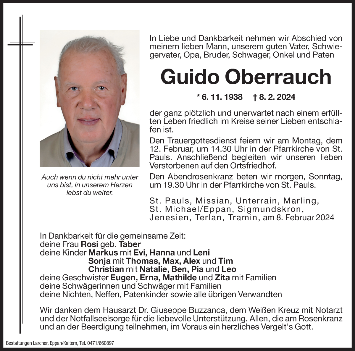  Traueranzeige für Guido Oberrauch vom 10.02.2024 aus Dolomiten