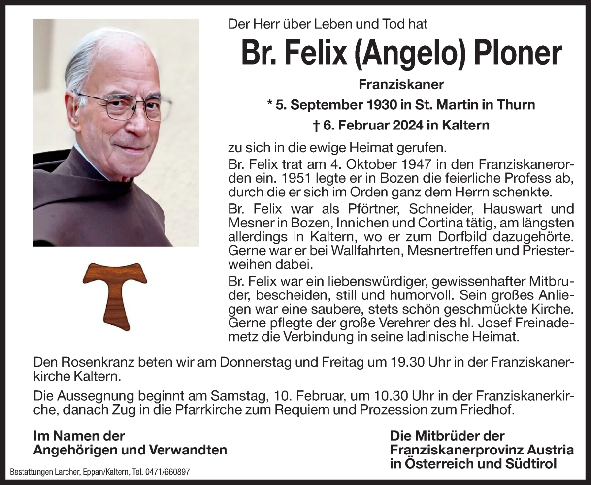  Traueranzeige für Felix Ploner vom 08.02.2024 aus Dolomiten