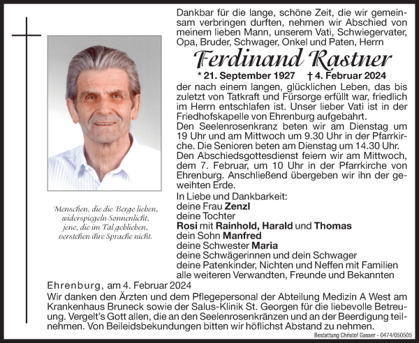 Traueranzeige von Ferdinand Rastner von Dolomiten