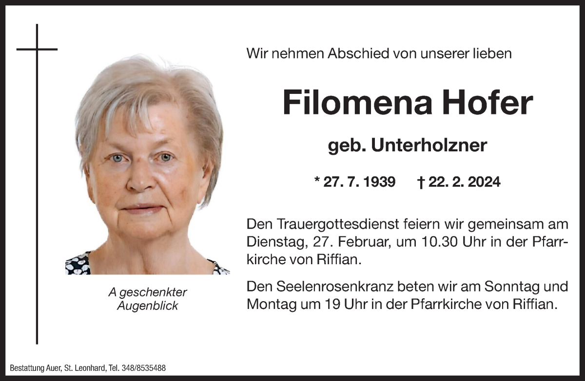  Traueranzeige für Filomena Hofer vom 24.02.2024 aus Dolomiten