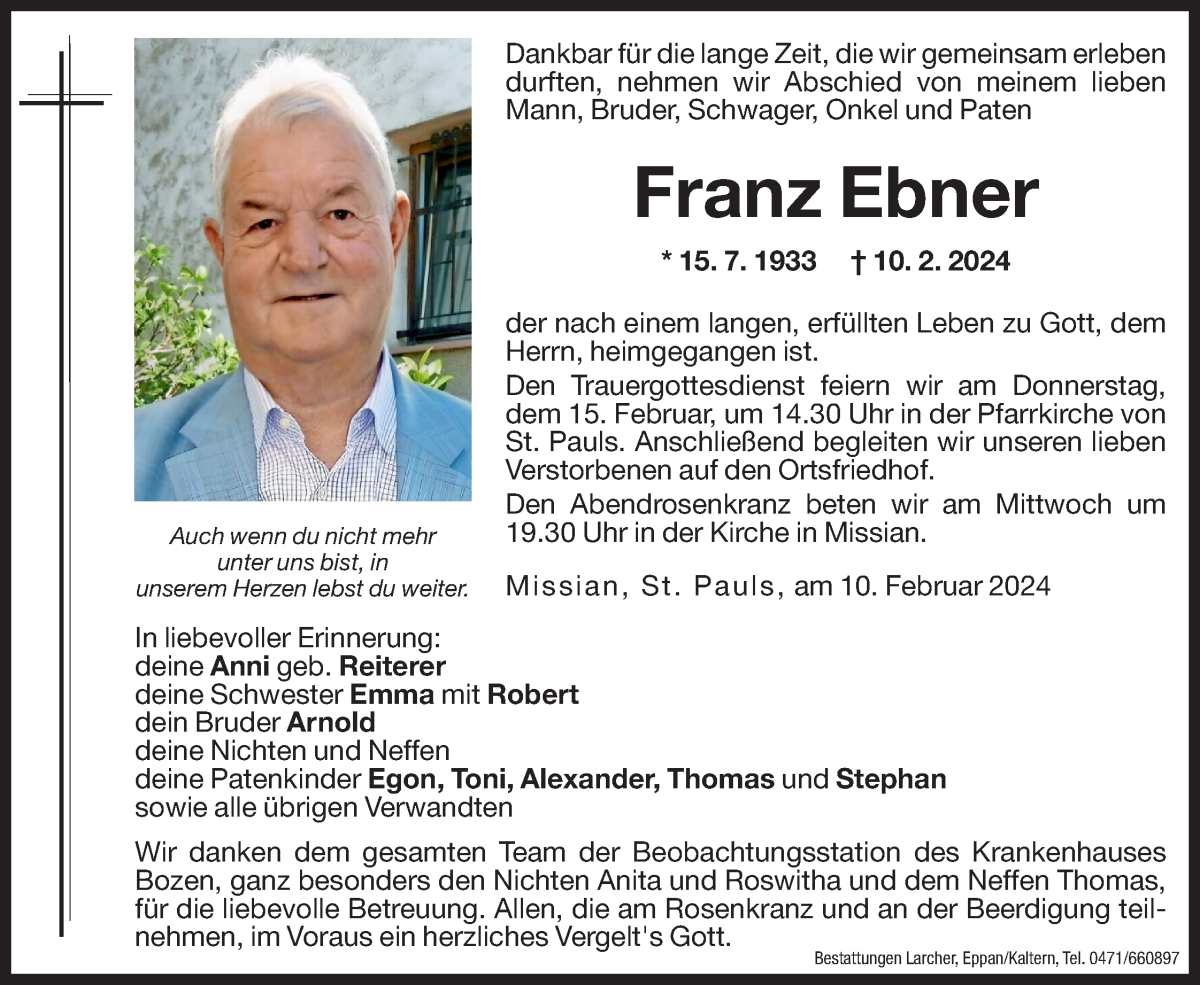  Traueranzeige für Franz Ebner vom 12.02.2024 aus Dolomiten