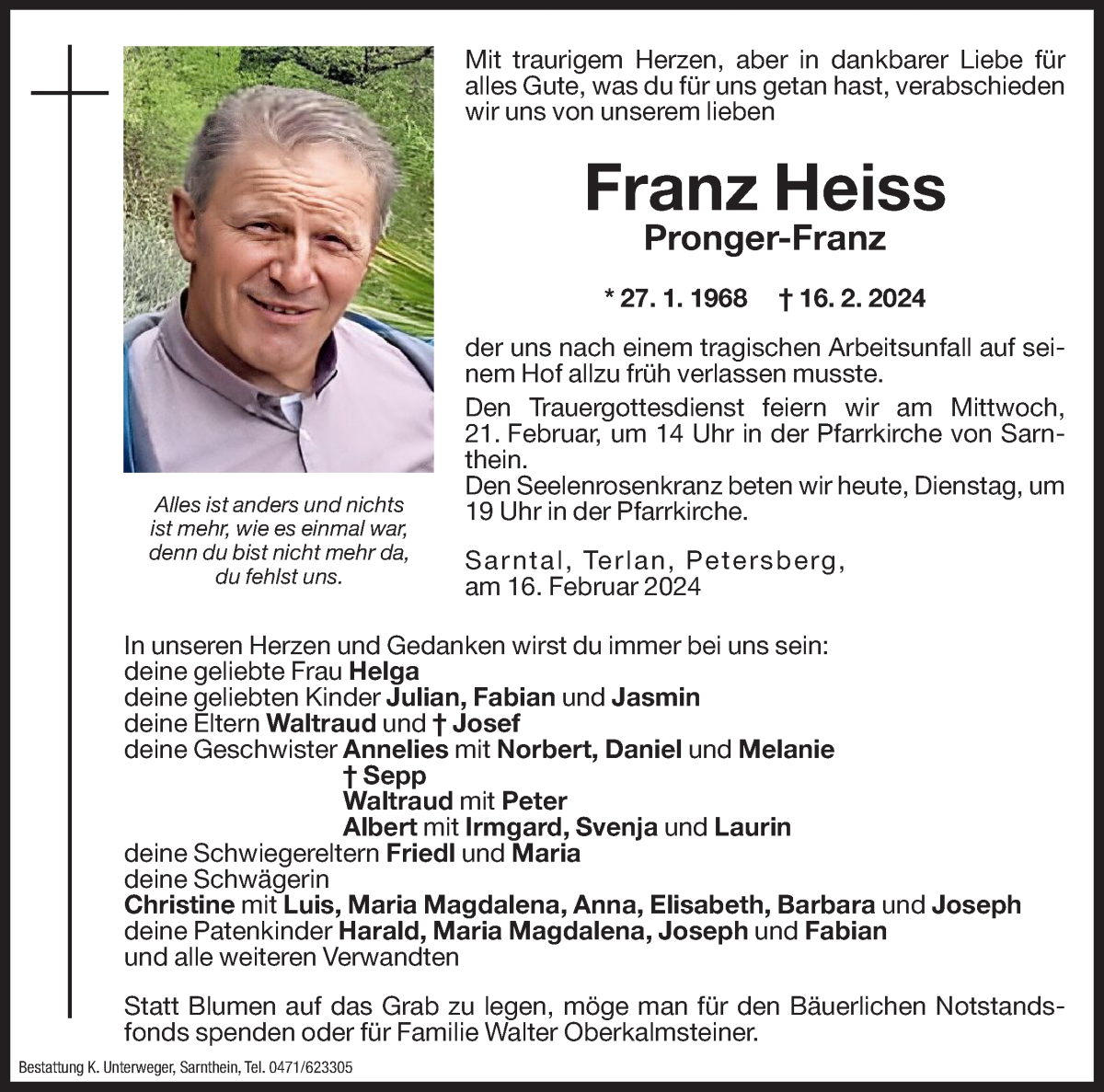  Traueranzeige für Franz Heiss vom 20.02.2024 aus Dolomiten
