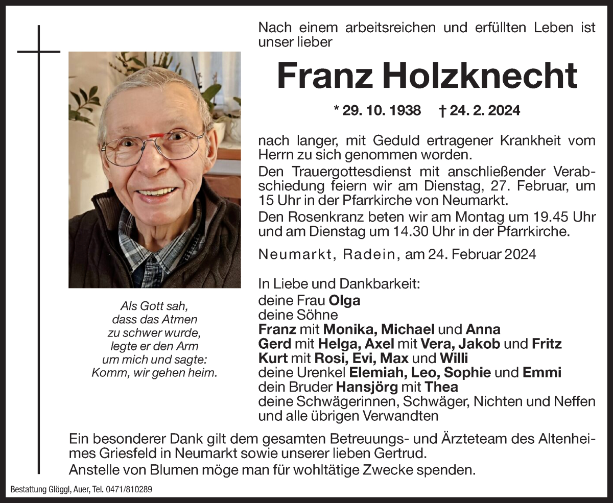  Traueranzeige für Franz Holzknecht vom 26.02.2024 aus Dolomiten