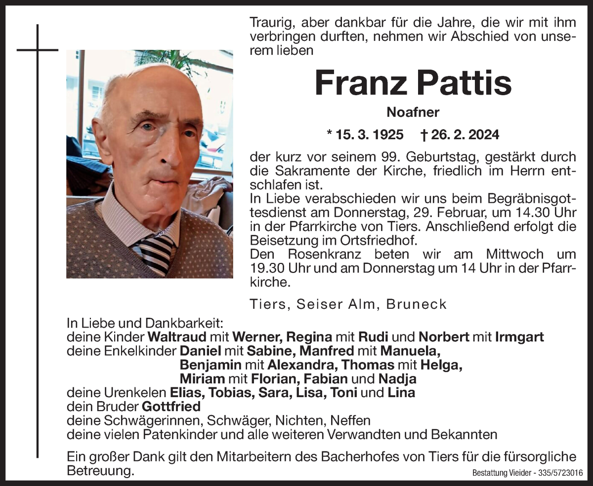 Traueranzeige für Franz Pattis vom 28.02.2024 aus Dolomiten